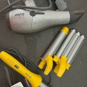 Drybar Yellow Curling Iron with 3 attachments and drybar hair dryer